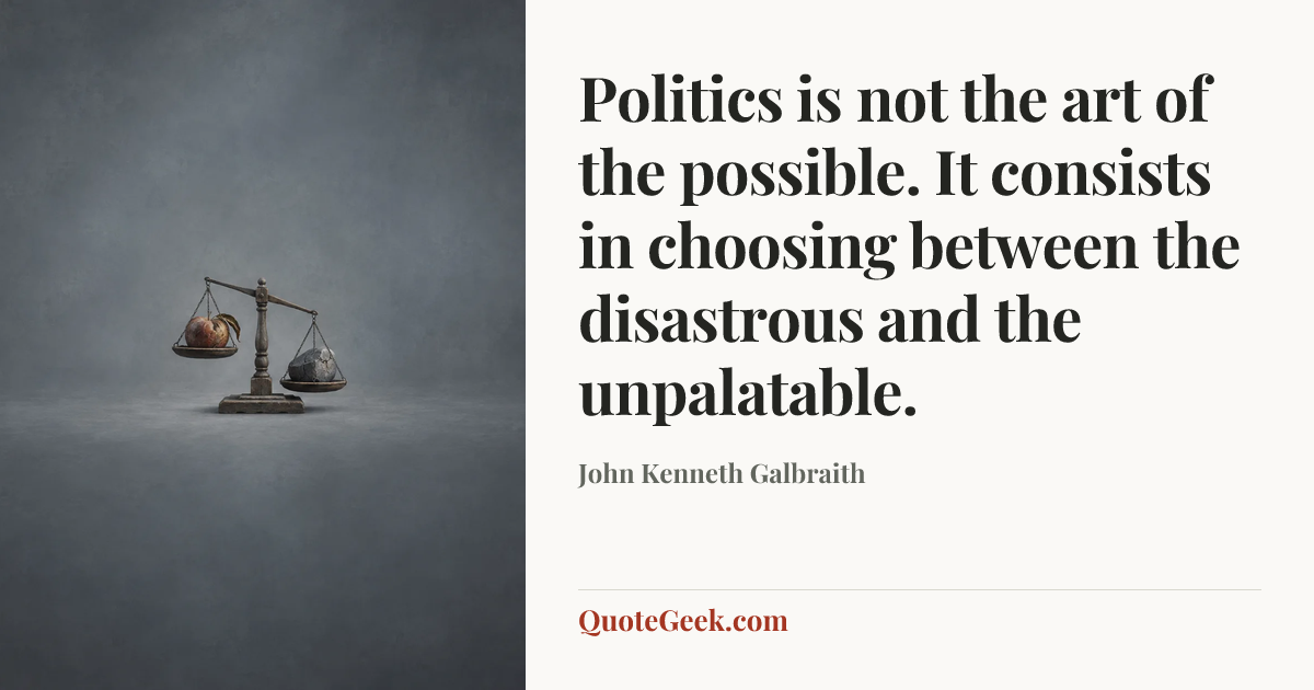 “Politics is not the art of the possible. It consists in choosing between the disastrous and the unpalatable.” — John Kenneth Galbraith. Illustrated QuoteGeek card.