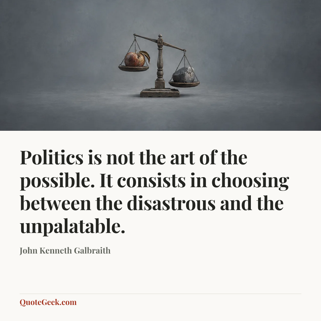 “Politics is not the art of the possible. It consists in choosing between the disastrous and the unpalatable.” — John Kenneth Galbraith. Illustrated QuoteGeek card.
