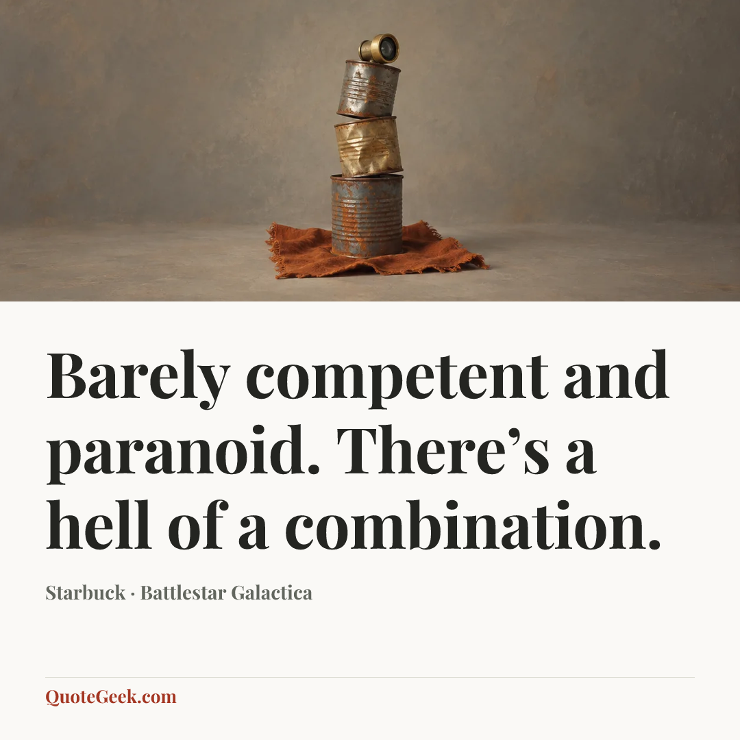 “Barely competent and paranoid. There’s a hell of a combination.” — Starbuck · Battlestar Galactica. Illustrated QuoteGeek card.