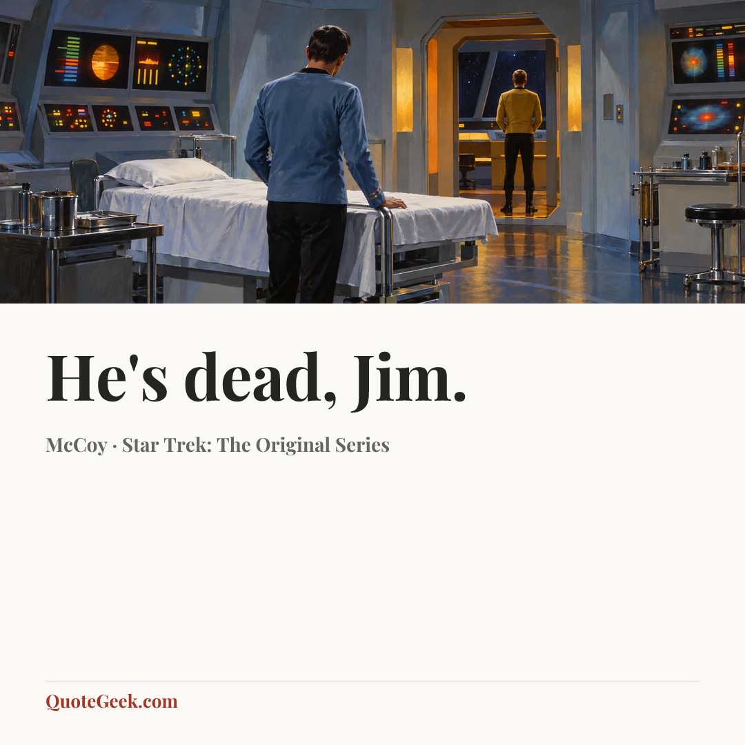 “He's dead, Jim.” — McCoy · Star Trek: The Original Series. Illustrated QuoteGeek card.