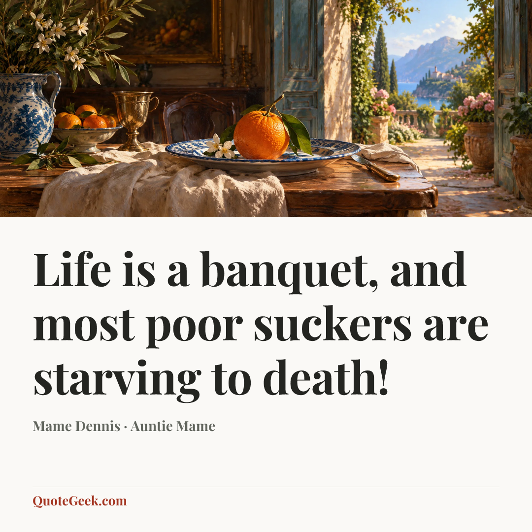 “Life is a banquet, and most poor suckers are starving to death!” — Mame Dennis · Auntie Mame. Illustrated QuoteGeek card.