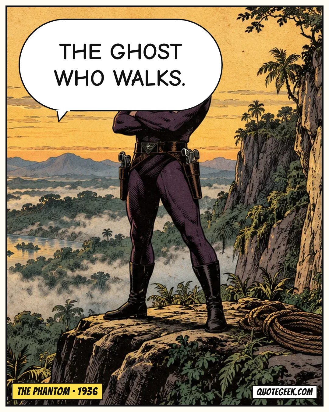 “The Ghost Who Walks.” — The Phantom · The Phantom. Illustrated QuoteGeek card.