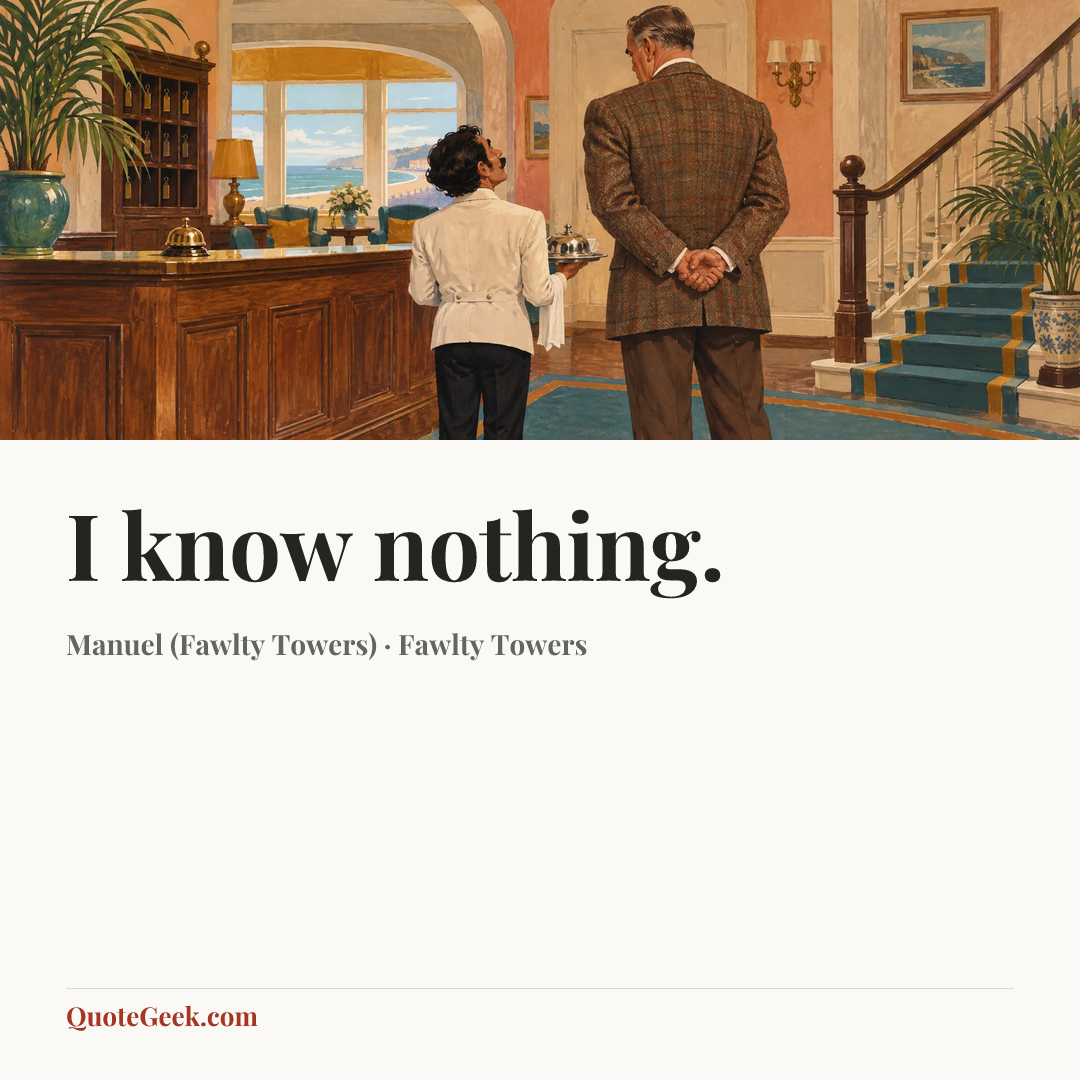 “I know nothing.” — Manuel (Fawlty Towers) · Fawlty Towers. Illustrated QuoteGeek card.