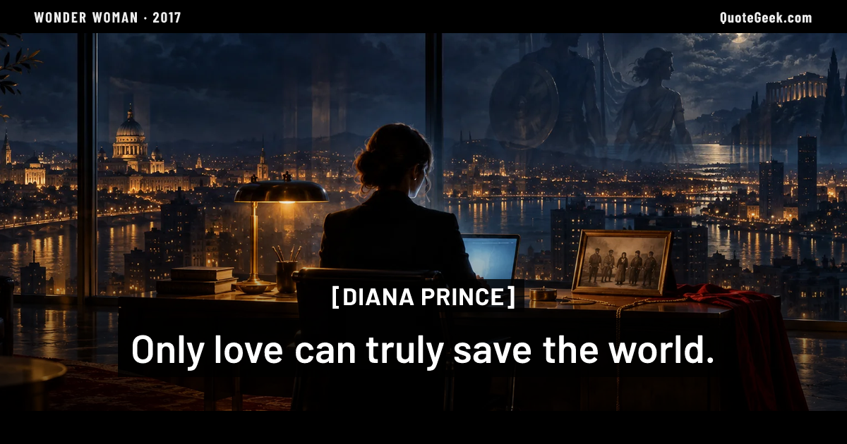 “Only love can truly save the world.” — Diana Prince · Wonder Woman. Illustrated QuoteGeek card.