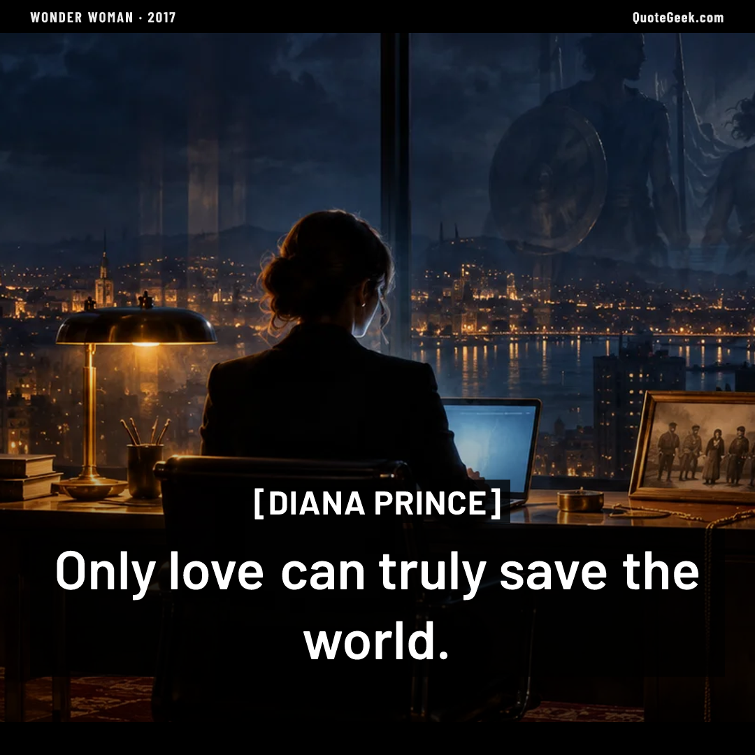 “Only love can truly save the world.” — Diana Prince · Wonder Woman. Illustrated QuoteGeek card.