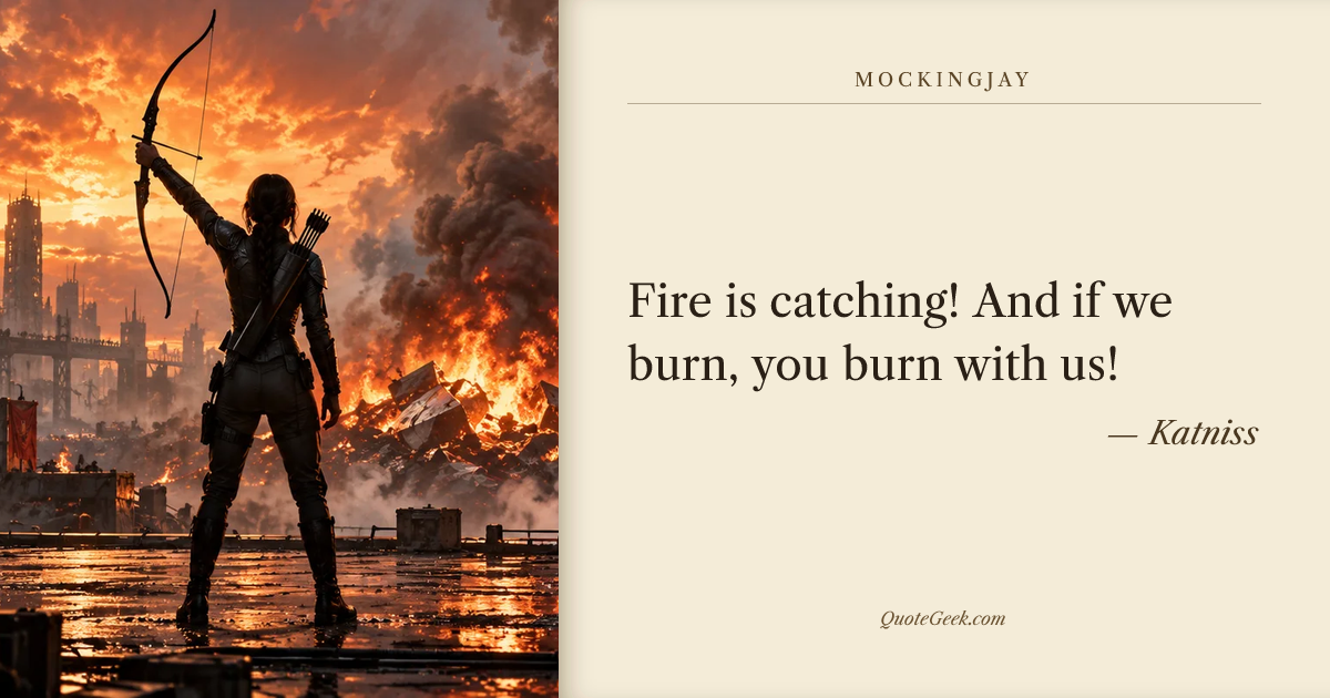 “Fire is catching! And if we burn, you burn with us!” — Katniss · Mockingjay. Illustrated QuoteGeek card.