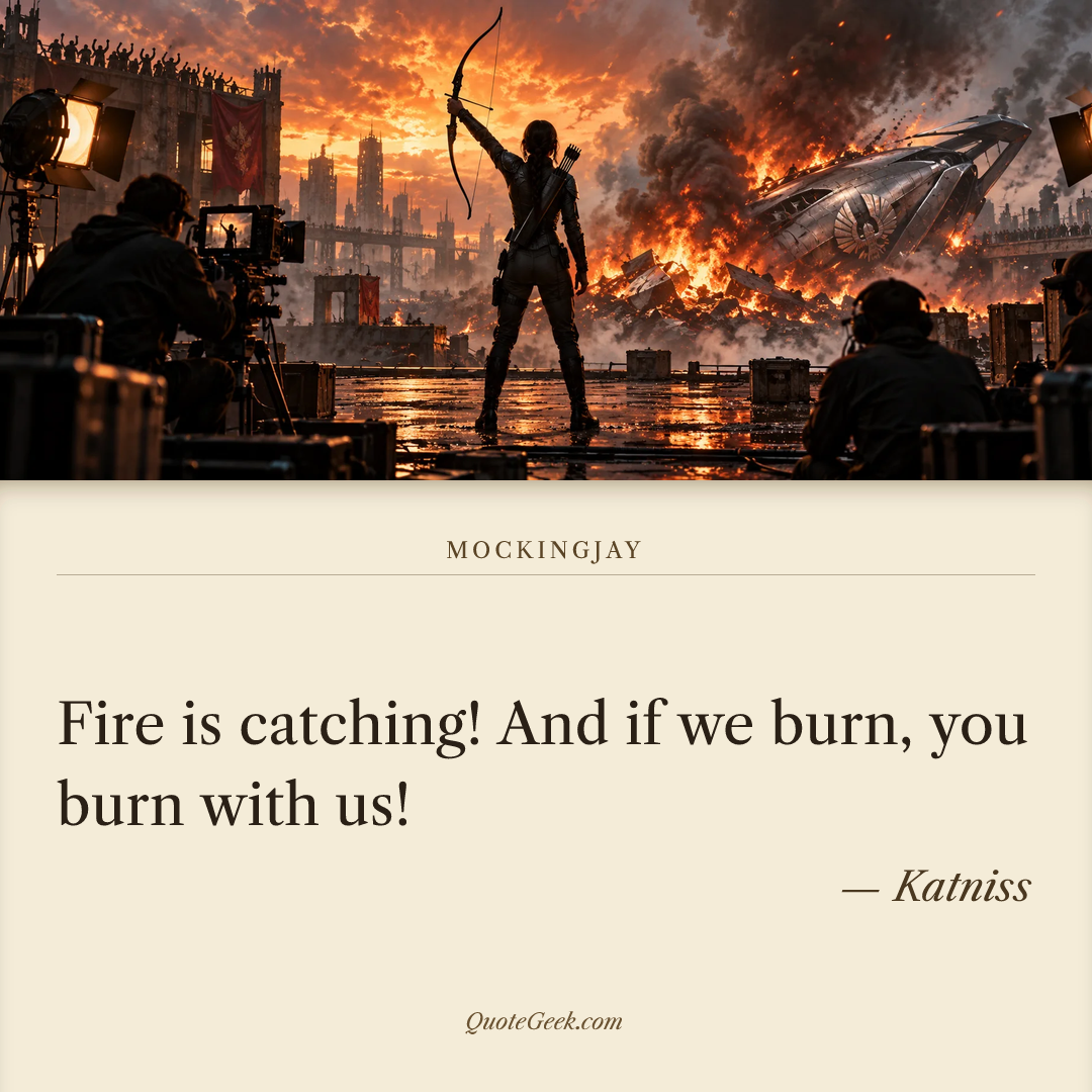 “Fire is catching! And if we burn, you burn with us!” — Katniss · Mockingjay. Illustrated QuoteGeek card.