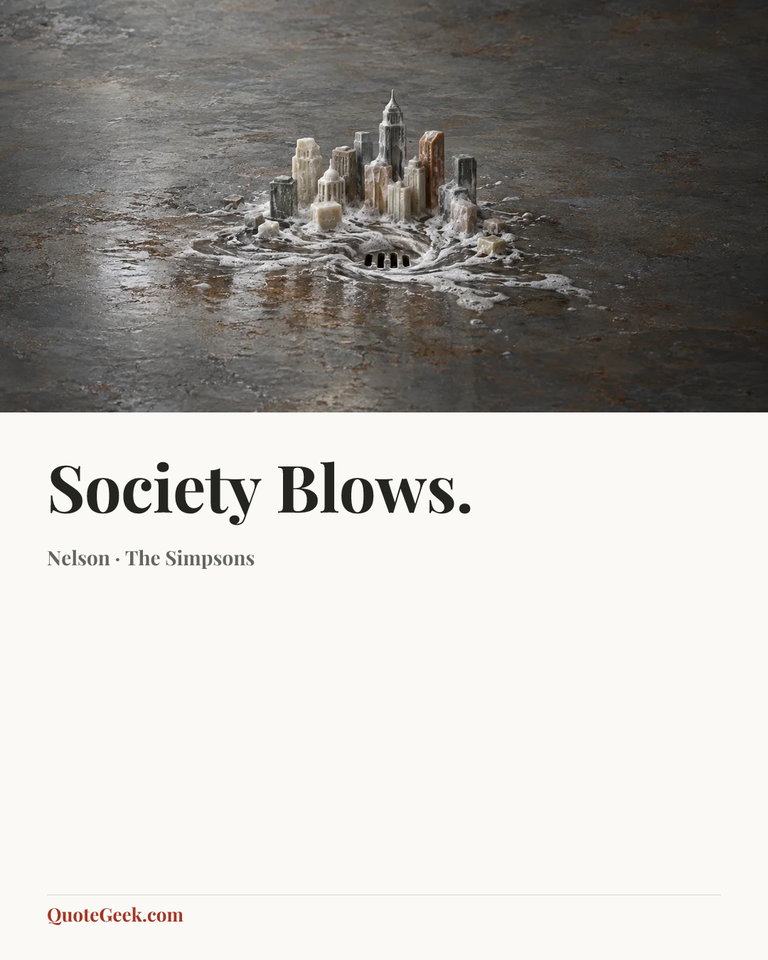 “Society Blows.” — Nelson · The Simpsons. Illustrated QuoteGeek card.