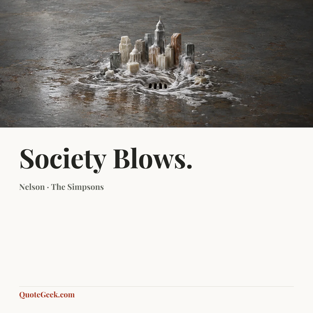 “Society Blows.” — Nelson · The Simpsons. Illustrated QuoteGeek card.