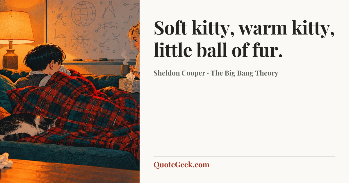 “Soft kitty, warm kitty, little ball of fur.” — Sheldon Cooper · The Big Bang Theory. Illustrated QuoteGeek card.