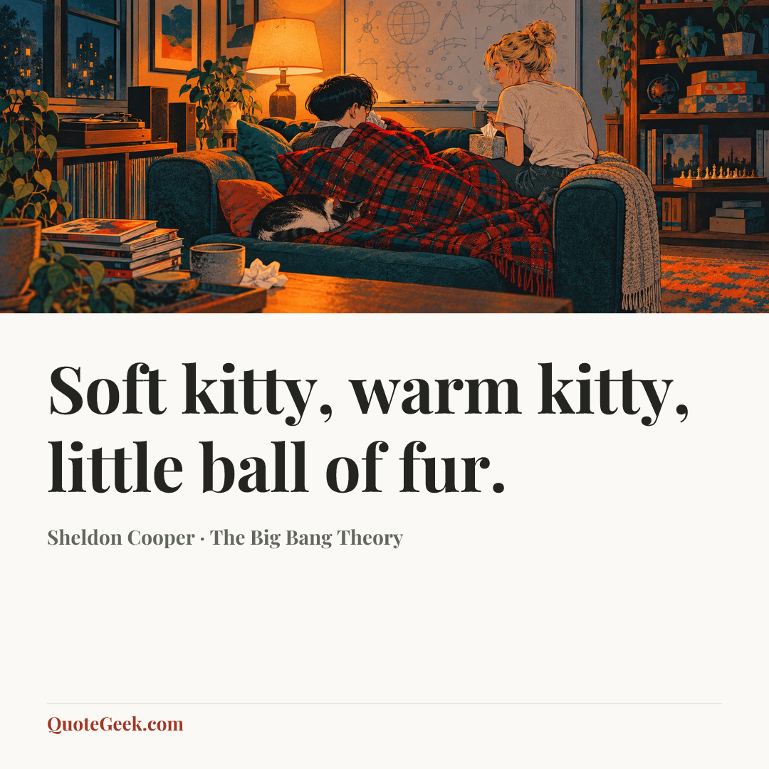 “Soft kitty, warm kitty, little ball of fur.” — Sheldon Cooper · The Big Bang Theory. Illustrated QuoteGeek card.