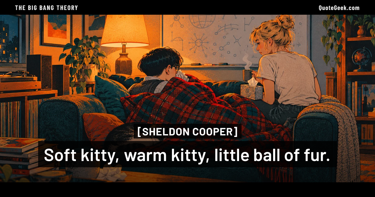 “Soft kitty, warm kitty, little ball of fur.” — Sheldon Cooper · The Big Bang Theory. Illustrated QuoteGeek card.