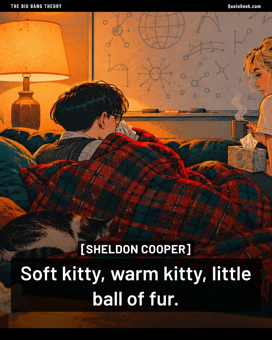 “Soft kitty, warm kitty, little ball of fur.” — Sheldon Cooper · The Big Bang Theory. Illustrated QuoteGeek card.