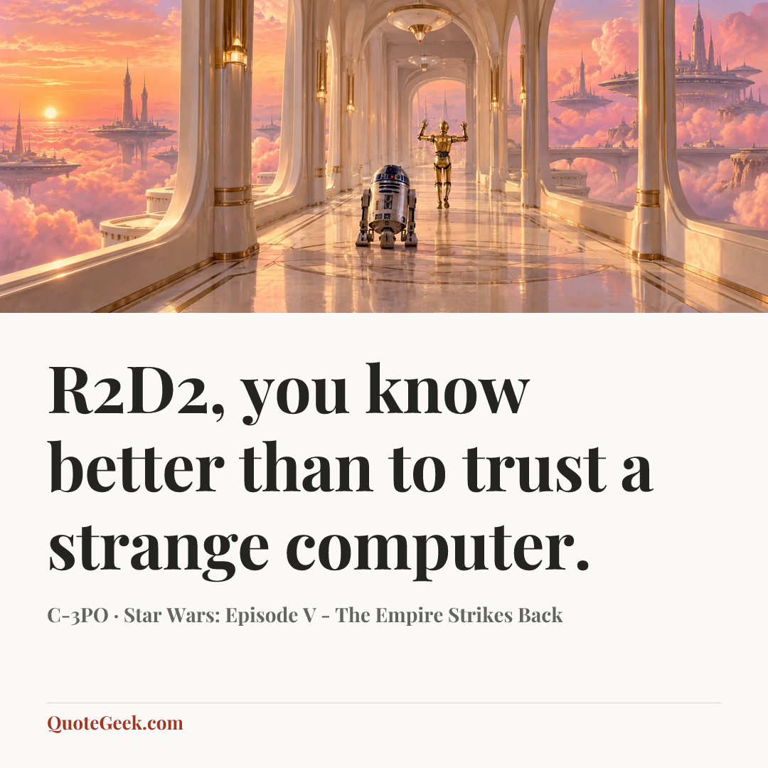 “R2D2, you know better than to trust a strange computer.” — C-3PO · Star Wars: Episode V - The Empire Strikes Back. Illustrated QuoteGeek card.
