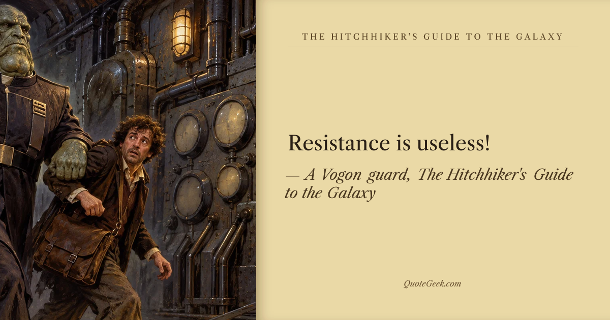 “Resistance is useless!” — A Vogon guard, The Hitchhiker's Guide to the Galaxy · The Hitchhiker's Guide to the Galaxy. Illustrated QuoteGeek card.