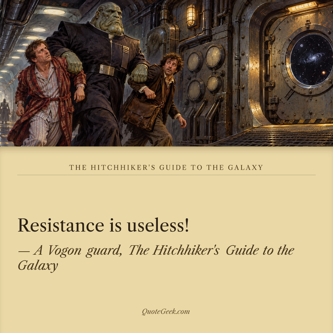 “Resistance is useless!” — A Vogon guard, The Hitchhiker's Guide to the Galaxy · The Hitchhiker's Guide to the Galaxy. Illustrated QuoteGeek card.