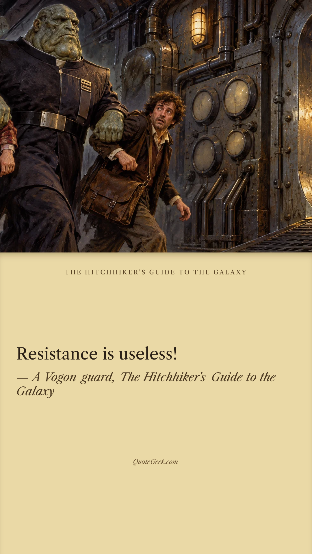 “Resistance is useless!” — A Vogon guard, The Hitchhiker's Guide to the Galaxy · The Hitchhiker's Guide to the Galaxy. Illustrated QuoteGeek card.