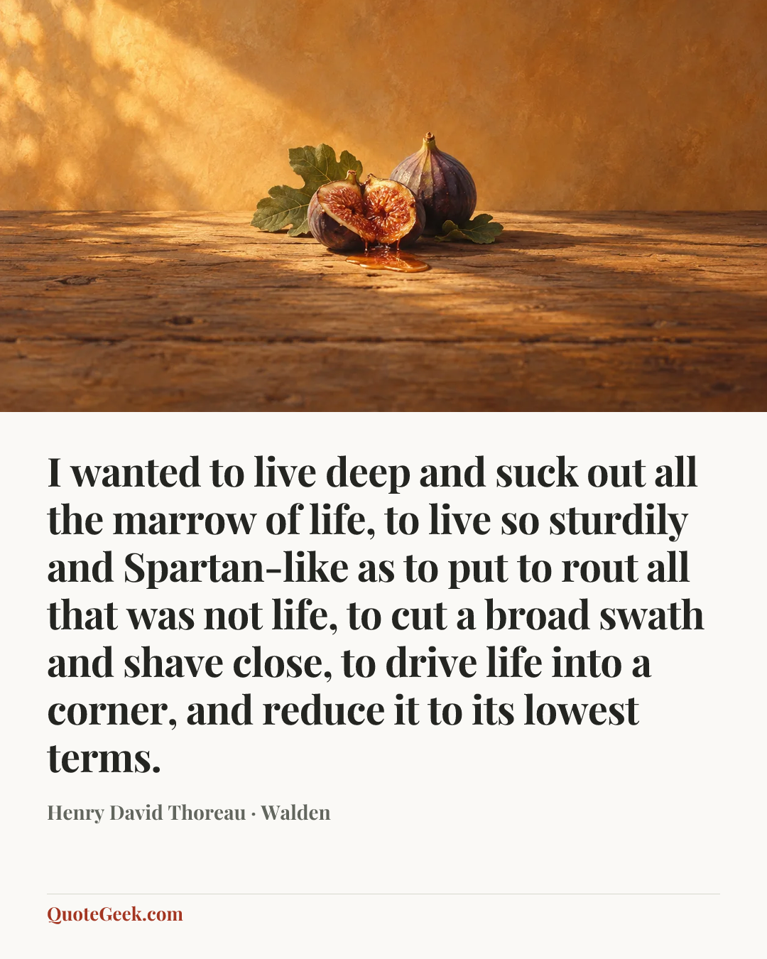 “I wanted to live deep and suck out all the marrow of life, to live so sturdily and Spartan-like as to put to rout all that was not life, to cut a broad swath and shave close, to drive life into a corner, and reduce it to its lowest terms.” — Henry David Thoreau · Walden. Illustrated QuoteGeek card.