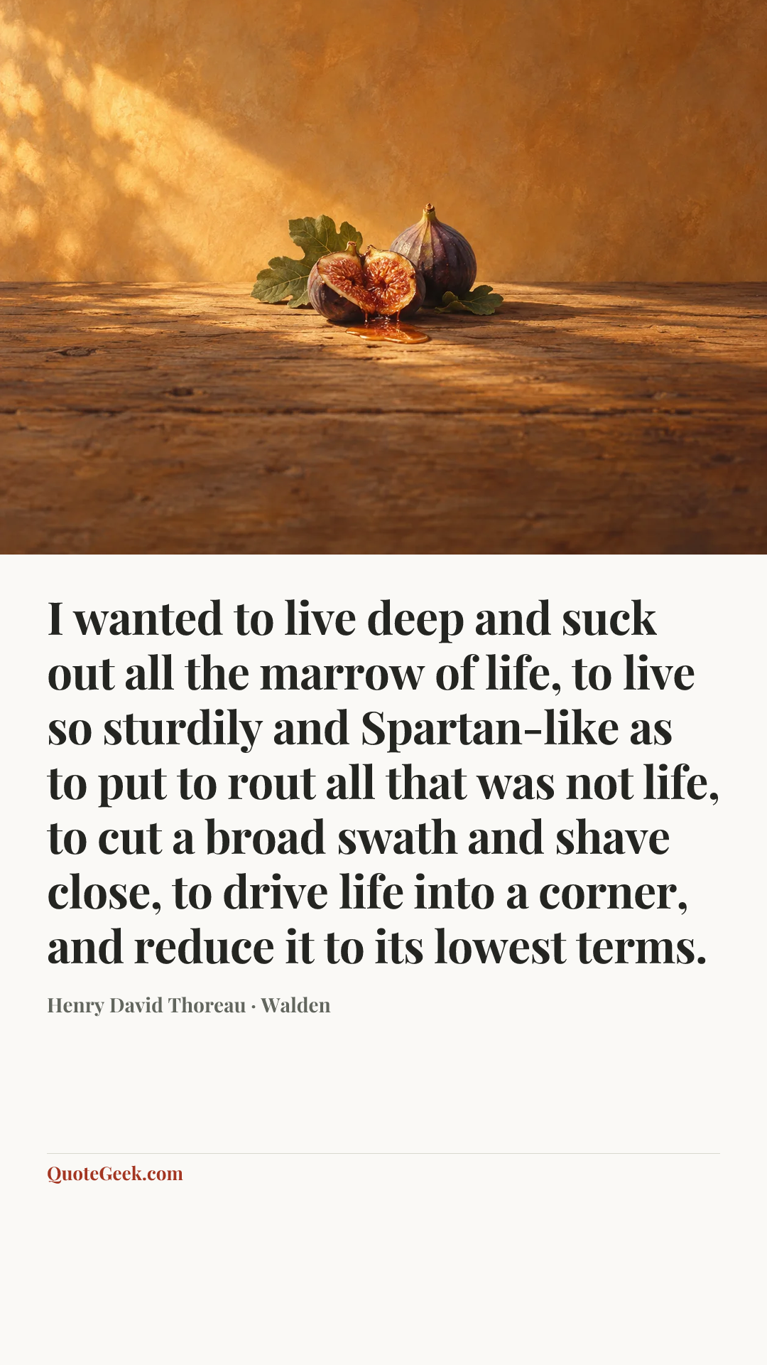 “I wanted to live deep and suck out all the marrow of life, to live so sturdily and Spartan-like as to put to rout all that was not life, to cut a broad swath and shave close, to drive life into a corner, and reduce it to its lowest terms.” — Henry David Thoreau · Walden. Illustrated QuoteGeek card.