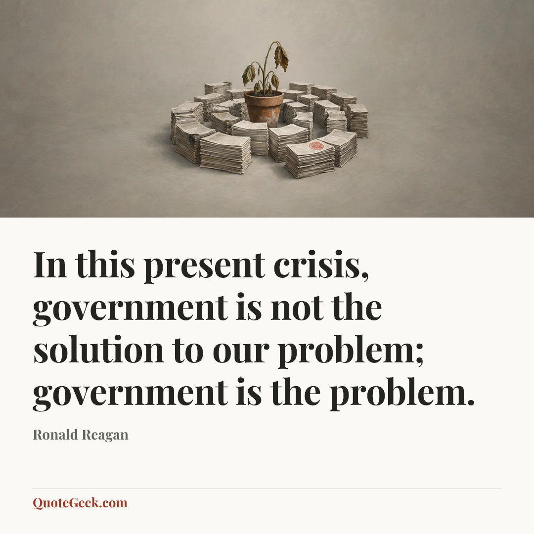 “In this present crisis, government is not the solution to our problem; government is the problem.” — Ronald Reagan. Illustrated QuoteGeek card.