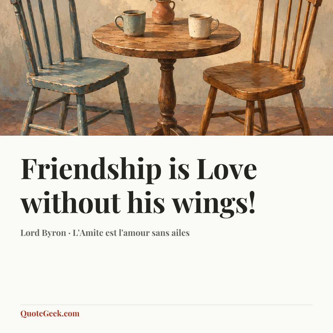 “Friendship is Love without his wings!” — Lord Byron · L'Amite est l'amour sans ailes. Illustrated QuoteGeek card.