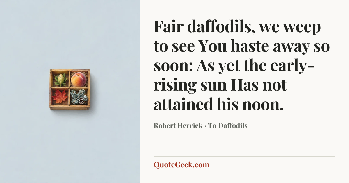 “Fair daffodils, we weep to see
You haste away so soon:
As yet the early-rising sun
Has not attained his noon.” — Robert Herrick · To Daffodils. Illustrated QuoteGeek card.