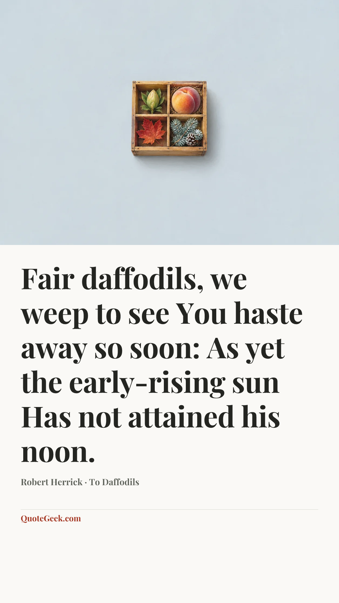 “Fair daffodils, we weep to see
You haste away so soon:
As yet the early-rising sun
Has not attained his noon.” — Robert Herrick · To Daffodils. Illustrated QuoteGeek card.