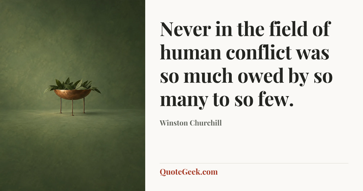 “Never in the field of human conflict was so much owed by so many to so few.” — Winston Churchill. Illustrated QuoteGeek card.