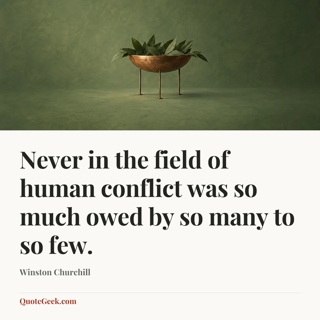 “Never in the field of human conflict was so much owed by so many to so few.” — Winston Churchill. Illustrated QuoteGeek card.