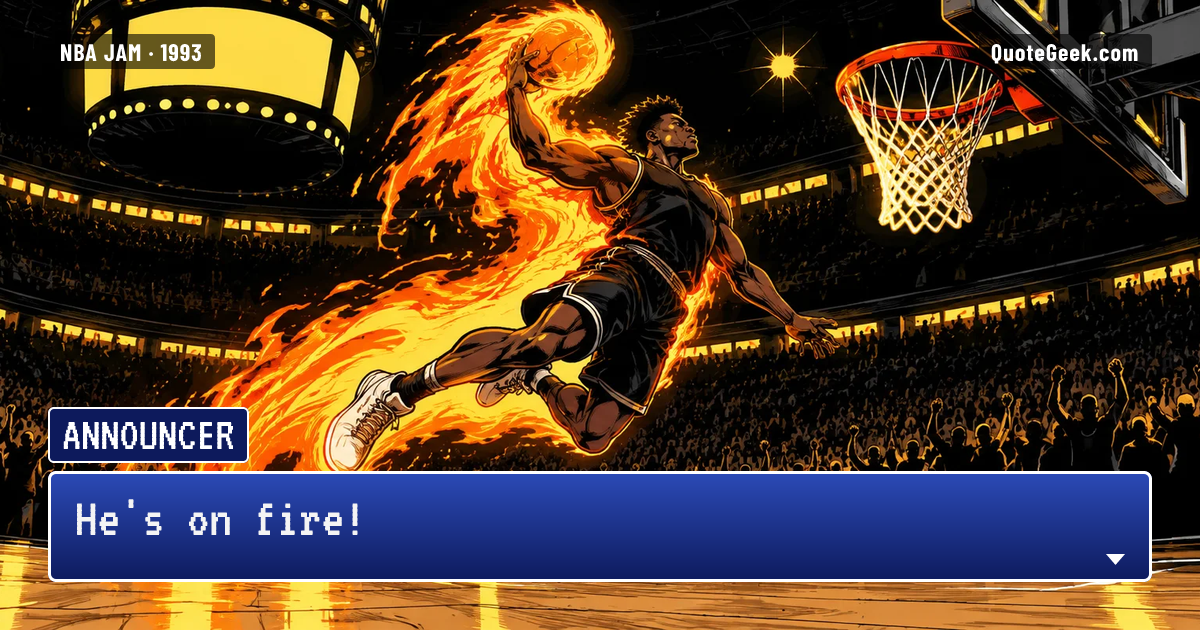 “He's on fire!” — Announcer · NBA Jam. Illustrated QuoteGeek card.