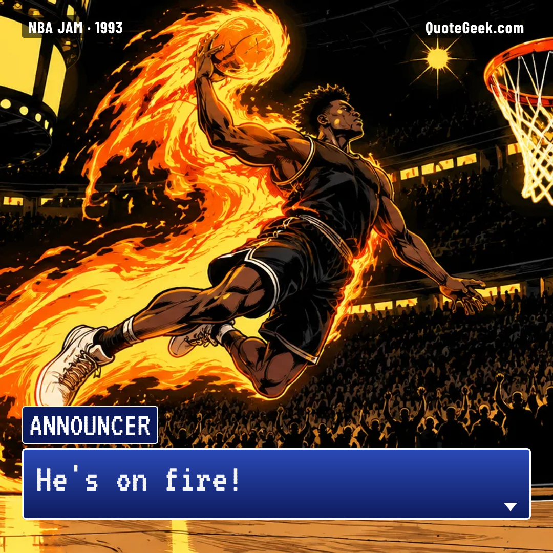 “He's on fire!” — Announcer · NBA Jam. Illustrated QuoteGeek card.