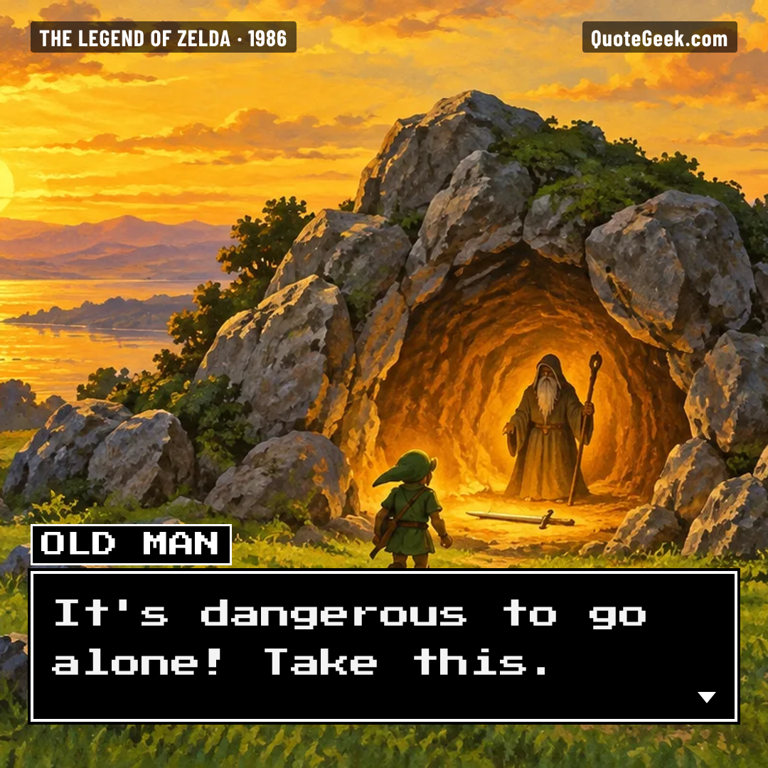 “It's dangerous to go alone! Take this.” — Old Man · The Legend of Zelda. Illustrated QuoteGeek card.