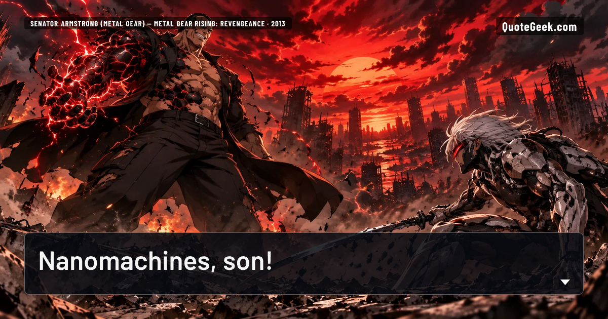 “Nanomachines, son!” — Senator Armstrong (Metal Gear) · Metal Gear Rising: Revengeance. Illustrated QuoteGeek card.