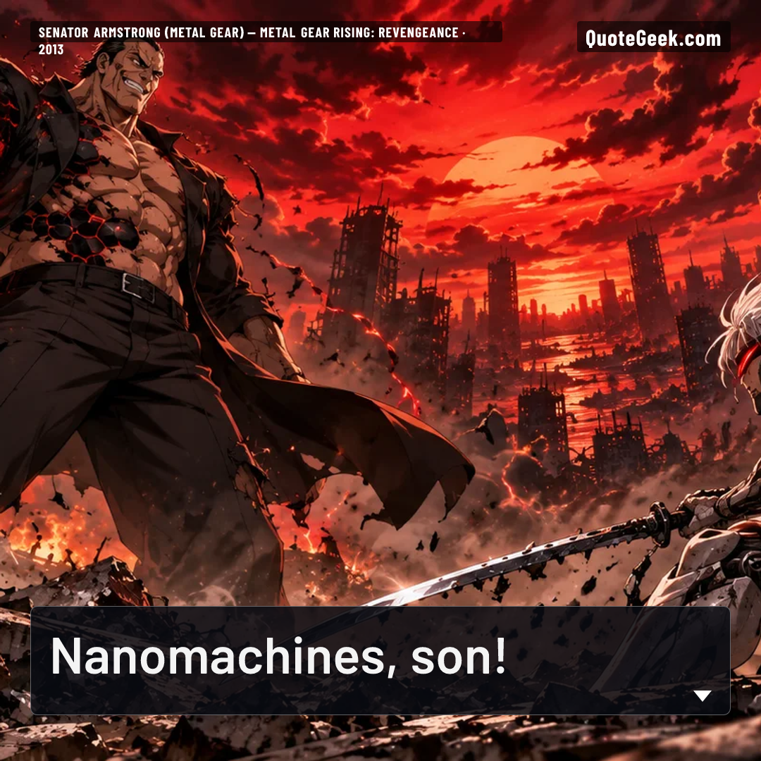 “Nanomachines, son!” — Senator Armstrong (Metal Gear) · Metal Gear Rising: Revengeance. Illustrated QuoteGeek card.