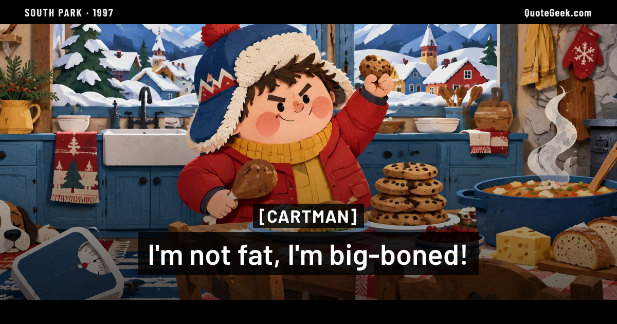 “I'm not fat, I'm big-boned!” — Cartman · South Park. Illustrated QuoteGeek card.
