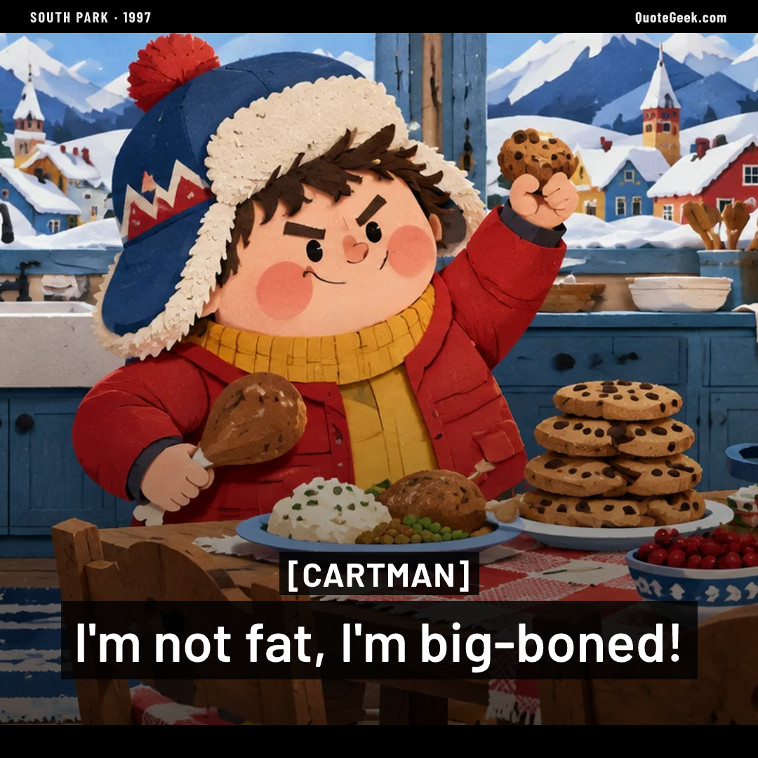 “I'm not fat, I'm big-boned!” — Cartman · South Park. Illustrated QuoteGeek card.