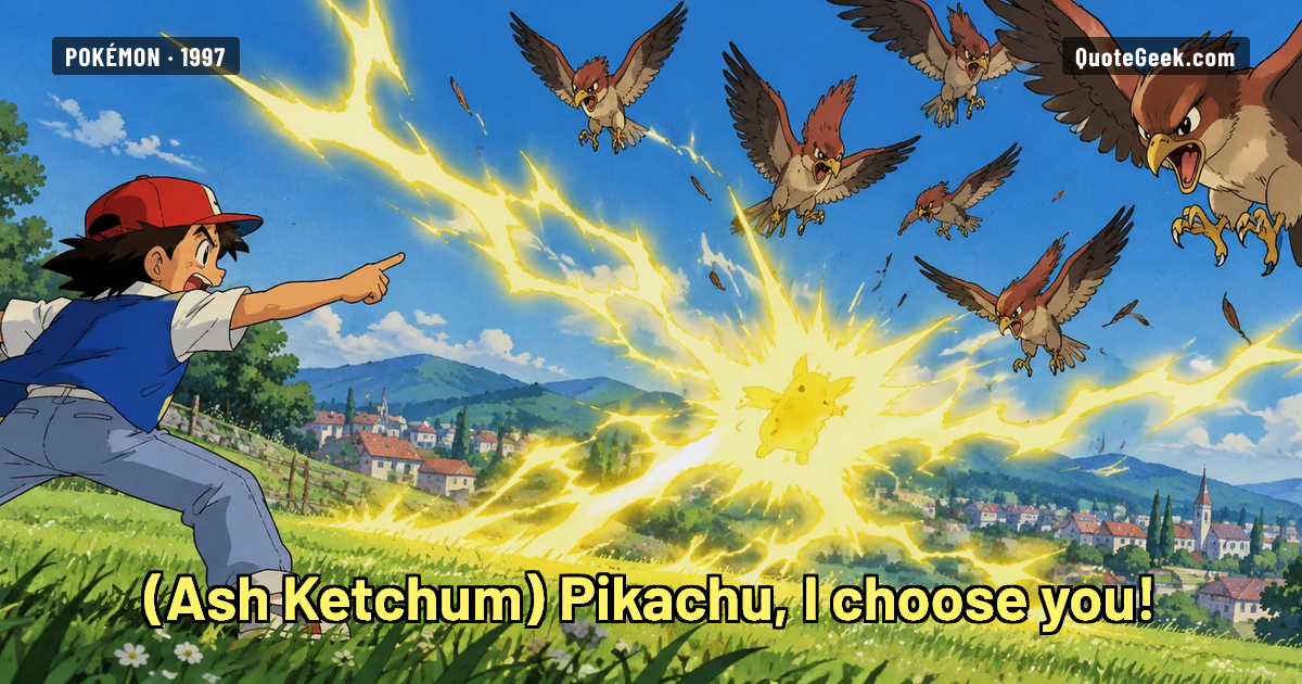 “Pikachu, I choose you!” — Ash Ketchum · Pokémon. Illustrated QuoteGeek card.