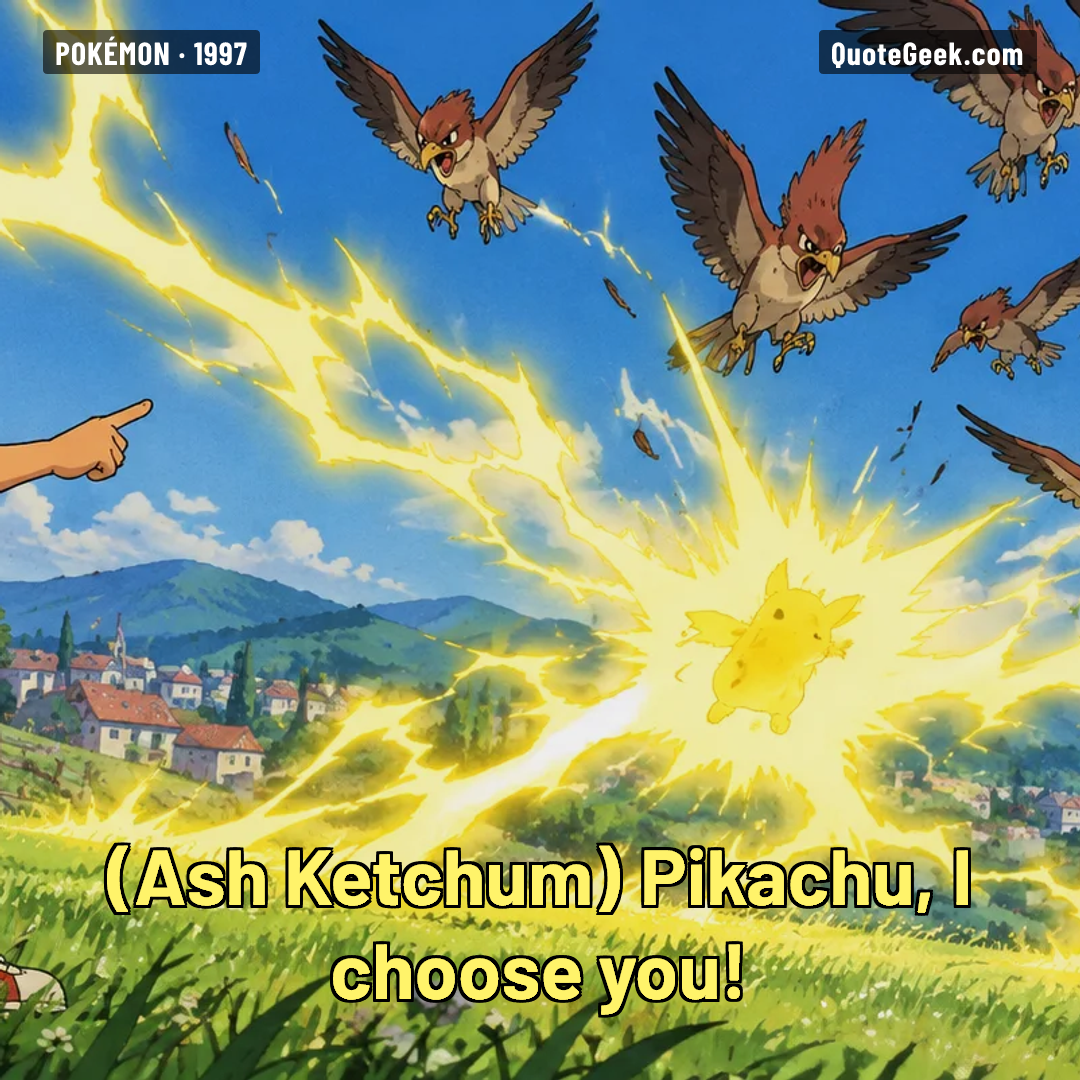 “Pikachu, I choose you!” — Ash Ketchum · Pokémon. Illustrated QuoteGeek card.