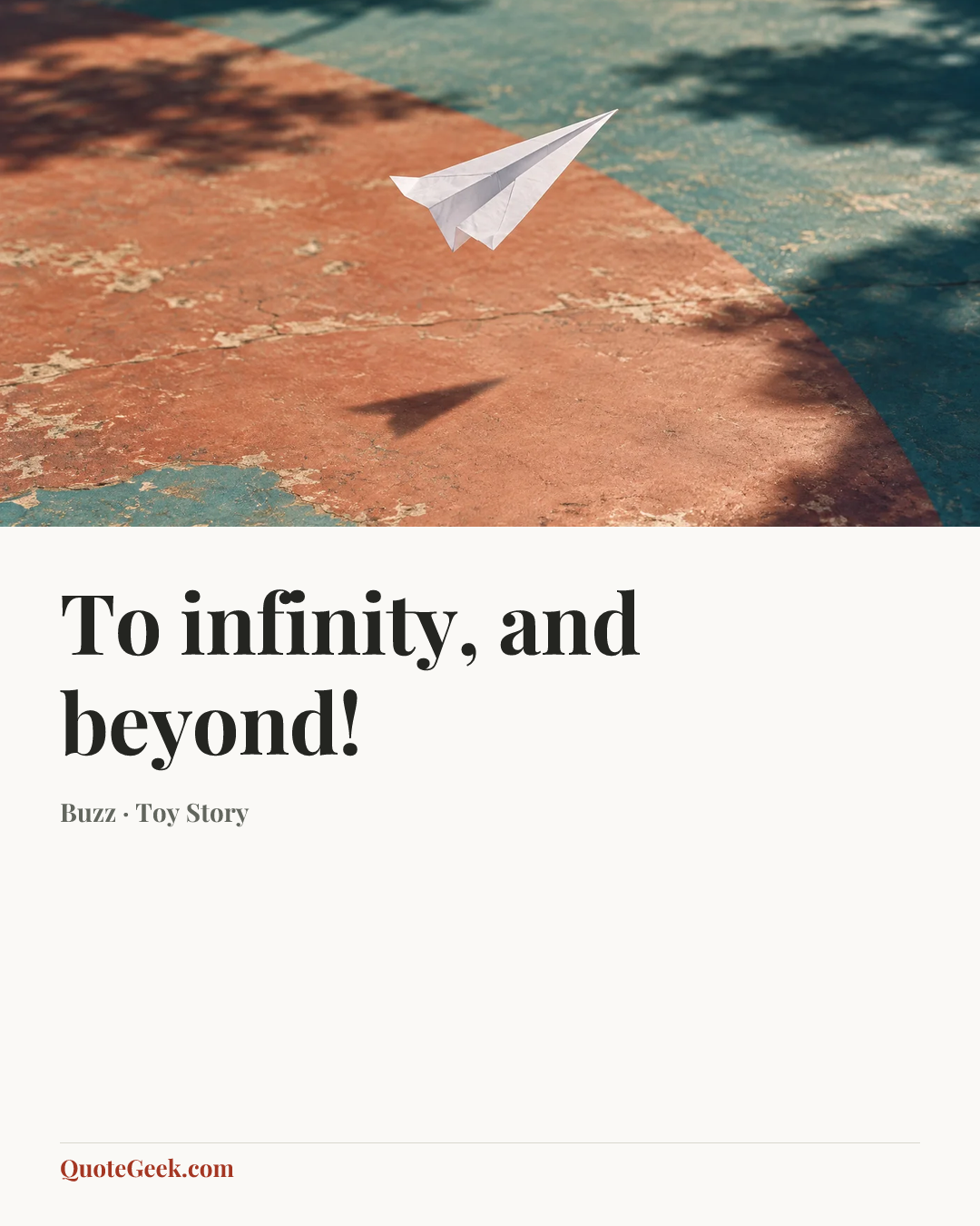 “To infinity, and beyond!” — Buzz · Toy Story. Illustrated QuoteGeek card.