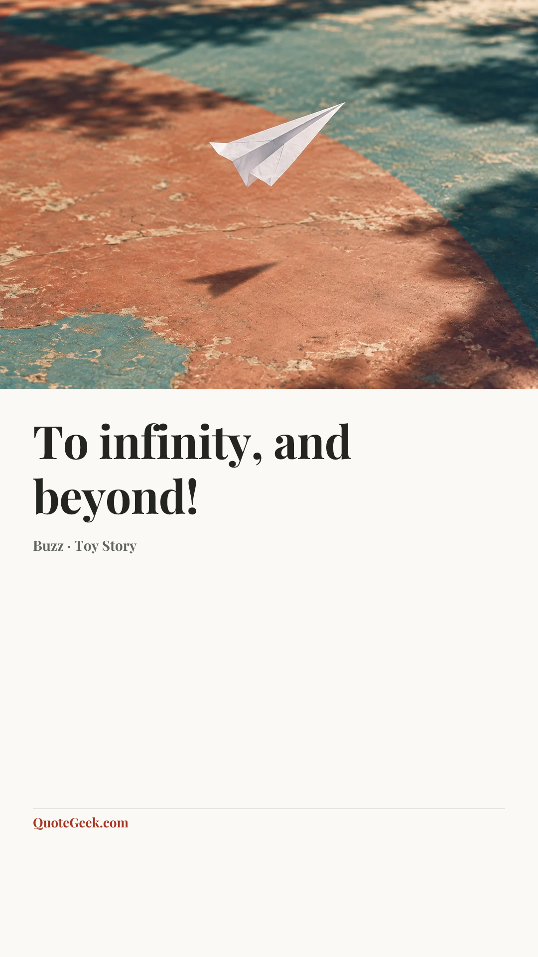 “To infinity, and beyond!” — Buzz · Toy Story. Illustrated QuoteGeek card.