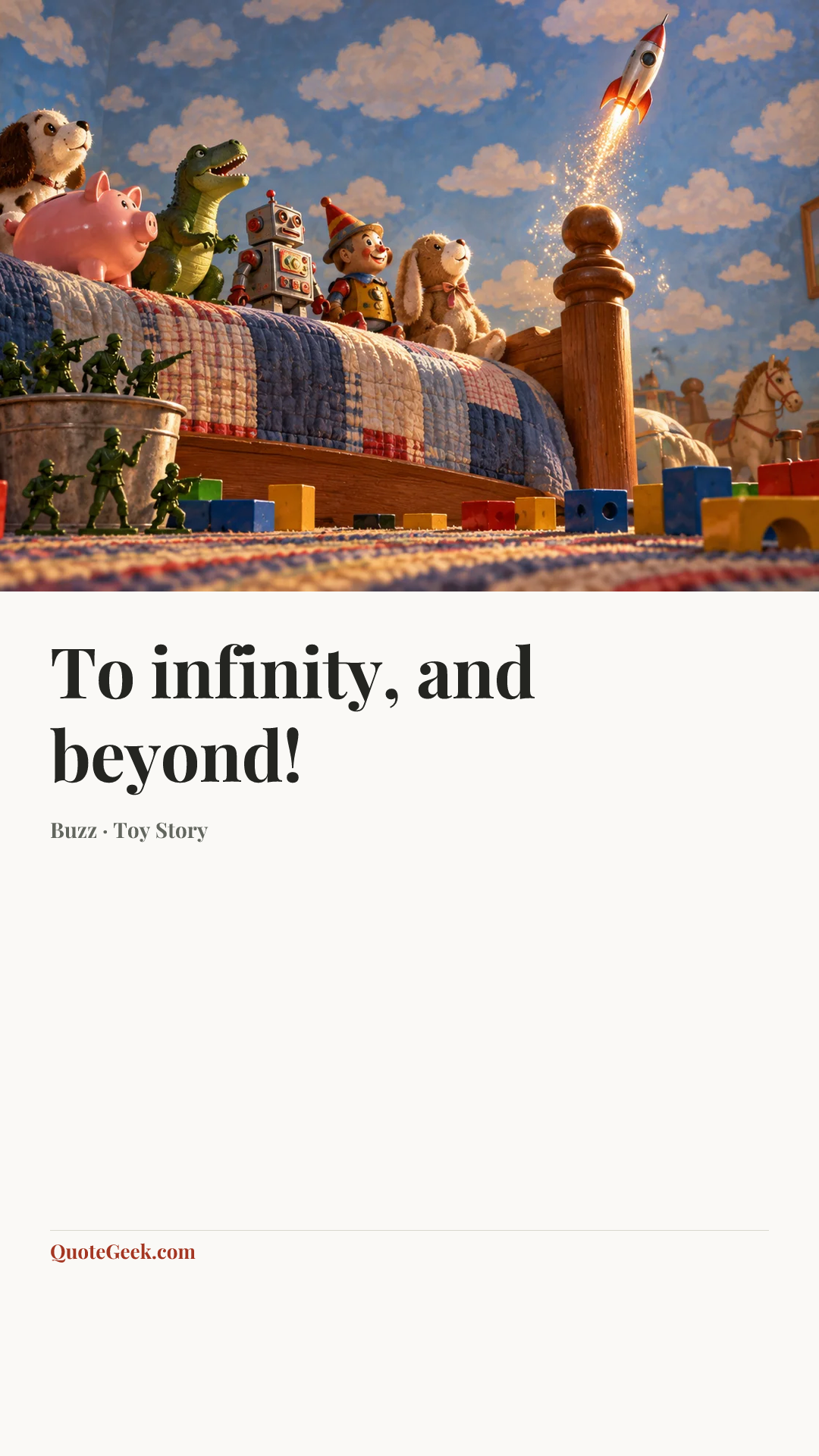 “To infinity, and beyond!” — Buzz · Toy Story. Illustrated QuoteGeek card.