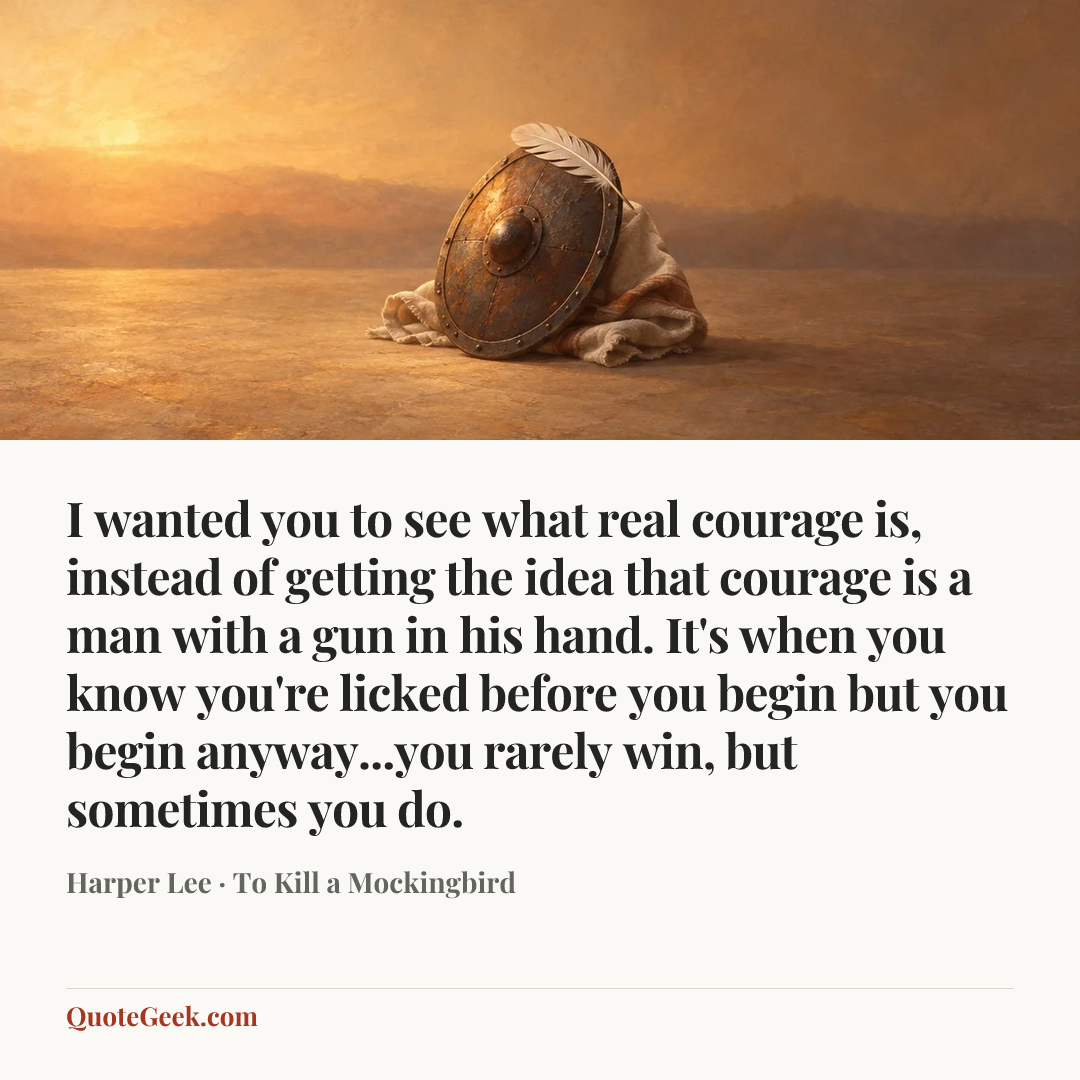 “I wanted you to see what real courage is, instead of getting the idea that courage is a man with a gun in his hand. It's when you know you're licked before you begin but you begin anyway...you rarely win, but sometimes you do.” — Harper Lee · To Kill a Mockingbird. Illustrated QuoteGeek card.