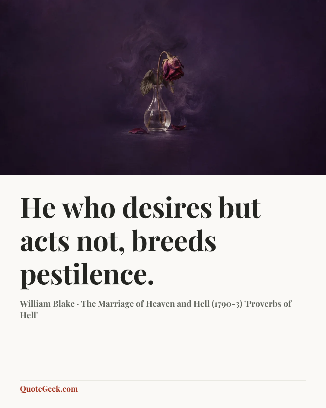 “He who desires but acts not, breeds pestilence.” — William Blake · The Marriage of Heaven and Hell (1790-3) 'Proverbs of Hell'. Illustrated QuoteGeek card.