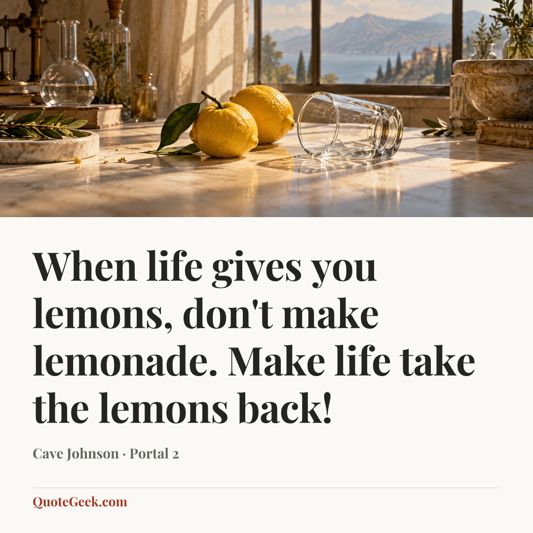 “When life gives you lemons, don't make lemonade. Make life take the lemons back!” — Cave Johnson · Portal 2. Illustrated QuoteGeek card.