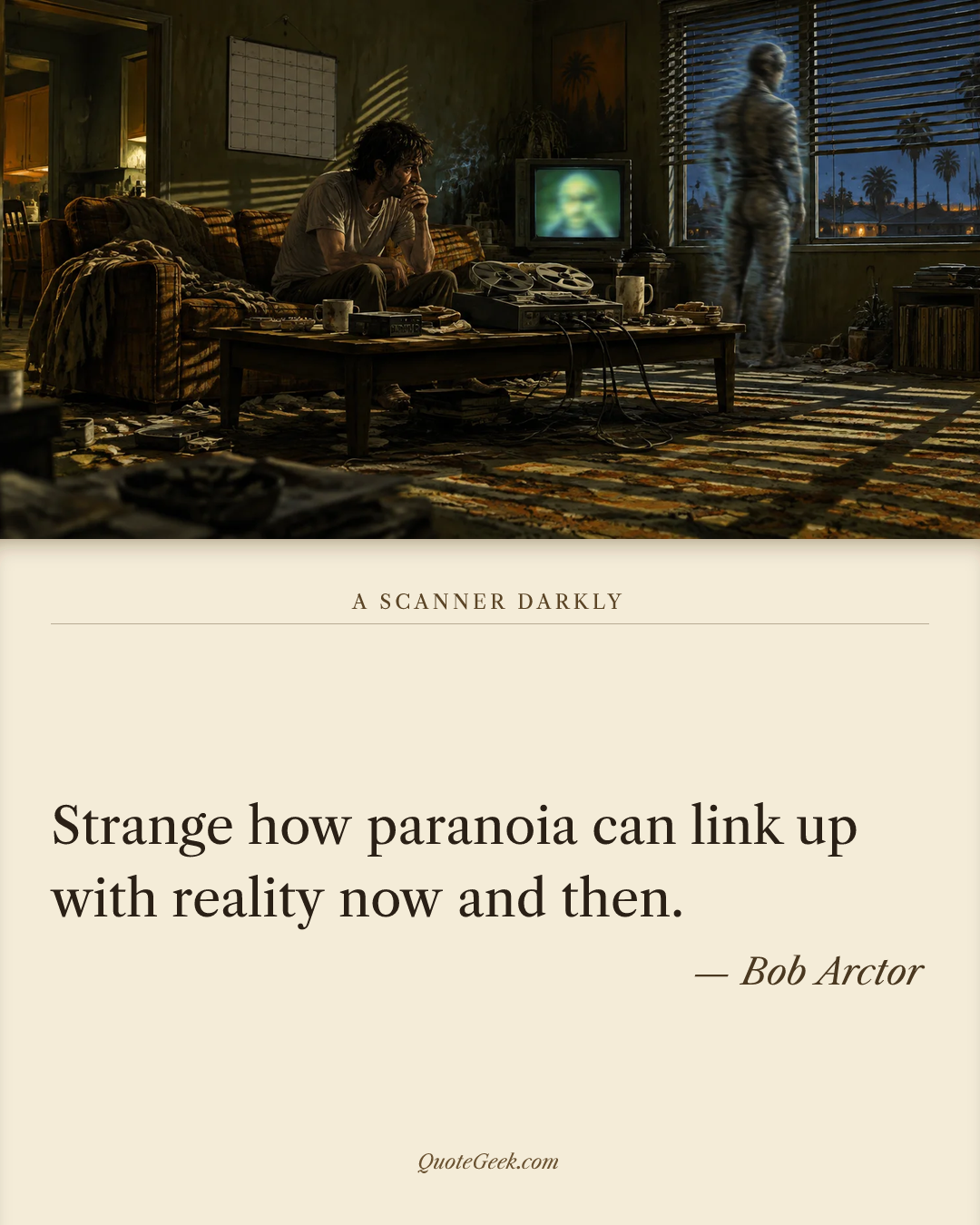 “Strange how paranoia can link up with reality now and then.” — Bob Arctor · A Scanner Darkly. Illustrated QuoteGeek card.