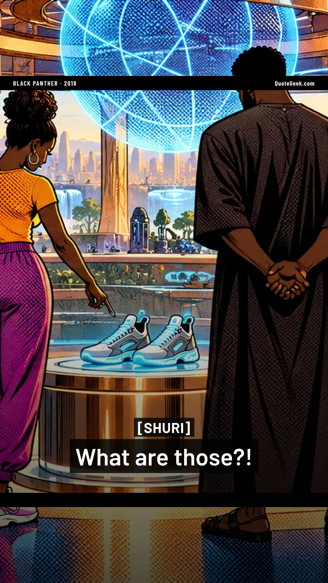 “What are those?!” — Shuri · Black Panther. Illustrated QuoteGeek card.