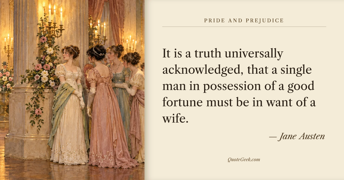 “It is a truth universally acknowledged, that a single man in possession of a good fortune must be in want of a wife.” — Jane Austen · Pride and Prejudice. Illustrated QuoteGeek card.
