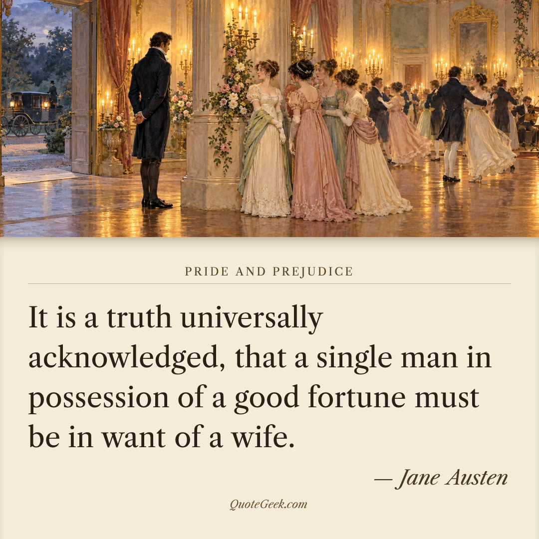 “It is a truth universally acknowledged, that a single man in possession of a good fortune must be in want of a wife.” — Jane Austen · Pride and Prejudice. Illustrated QuoteGeek card.