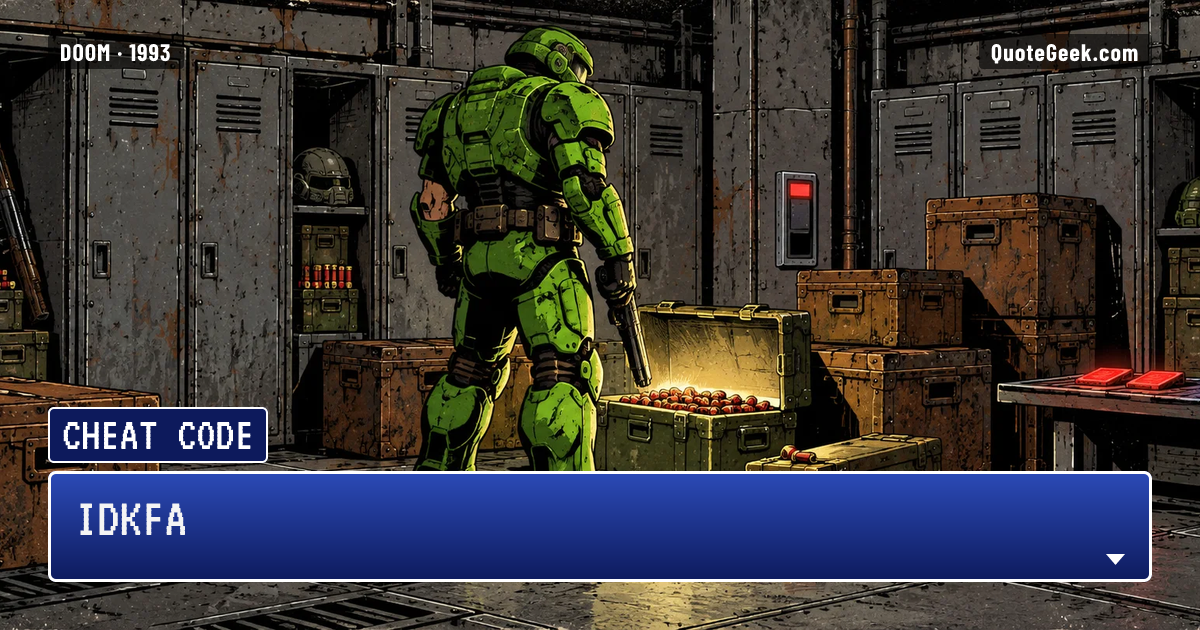 “IDKFA” — Cheat code · Doom. Illustrated QuoteGeek card.