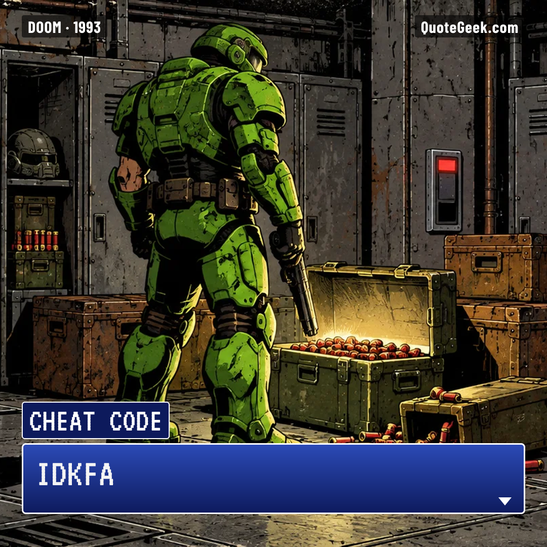 “IDKFA” — Cheat code · Doom. Illustrated QuoteGeek card.
